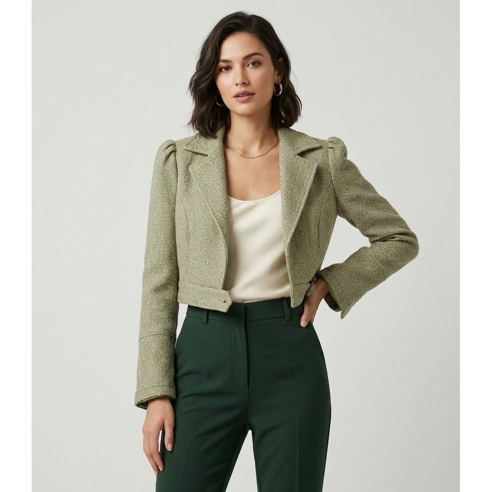 Arden B Cropped Blazer Women Size S Green Wool Blend Tweed Puff Shoulder Buckle